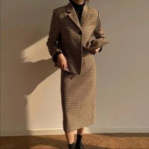 Chic Vintage Plaid Two Pieces Suits Set (Blazer Jacket +Skirt )